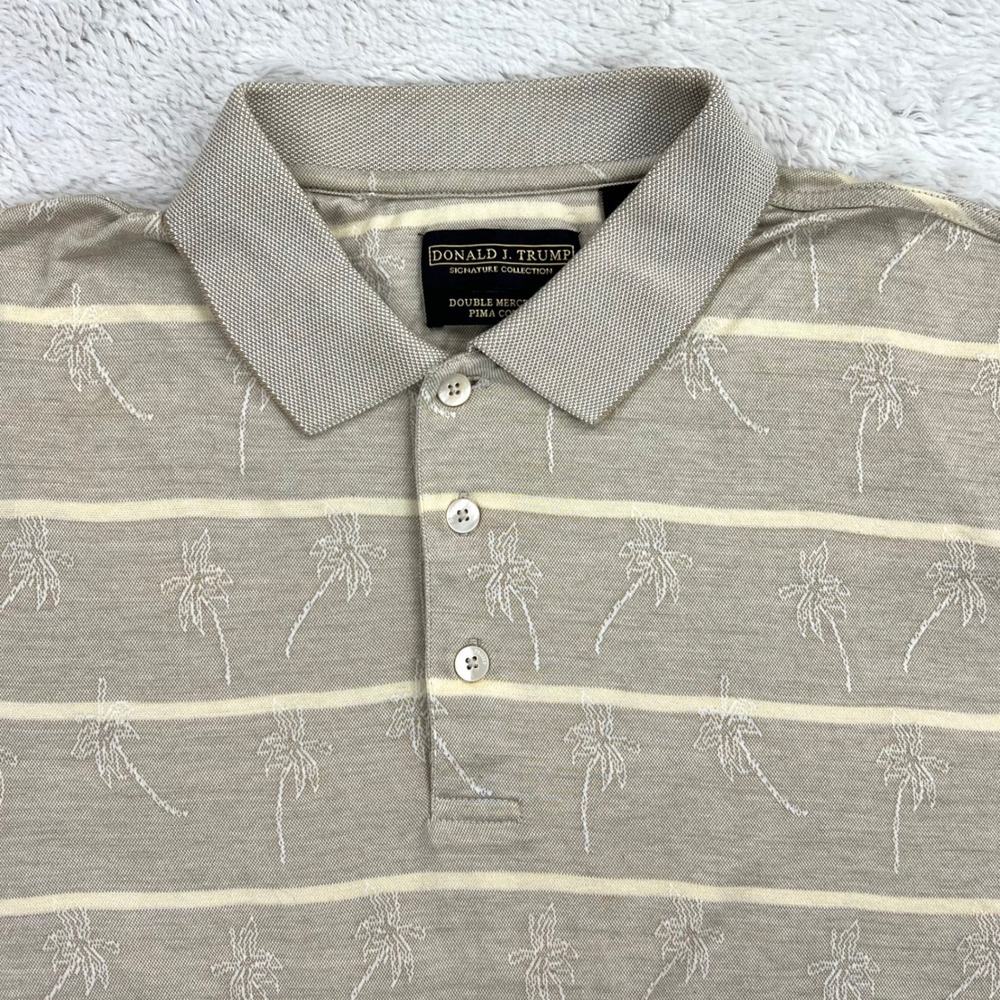 90s Donald Trump Polo Shirt Men's L Tan‎ White Pima Cotton Palm Tree Stripe VTG